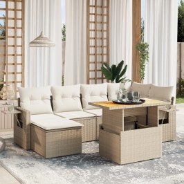 Set sofás de jardín 7 piezas y cojines ratán sintético beige