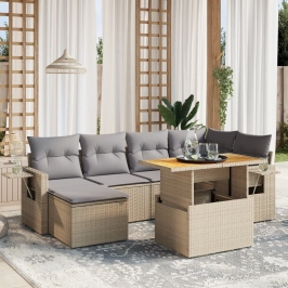 Set sofás de jardín 7 piezas y cojines ratán sintético beige