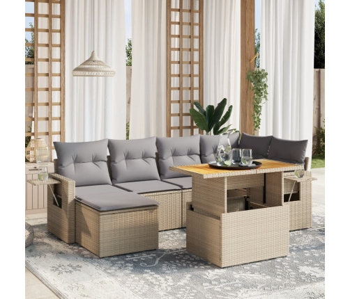 Set sofás de jardín 7 piezas y cojines ratán sintético beige