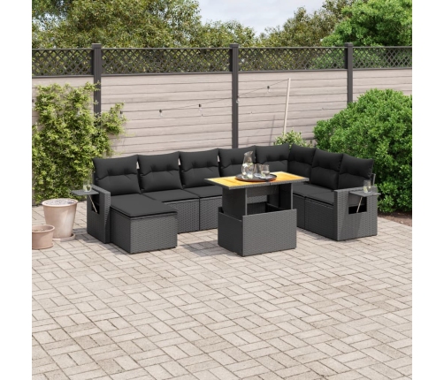 Set de sofás de jardín 8 piezas y cojines ratán sintético negro