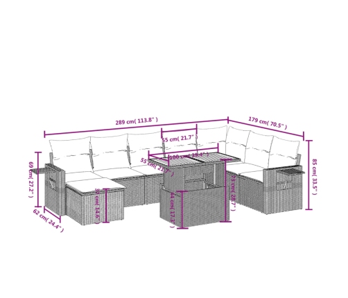 Set de sofás de jardín 9 pzas con cojines ratán sintético beige