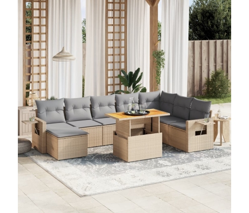 Set de sofás de jardín 9 pzas con cojines ratán sintético beige