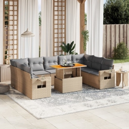 Juego de sofás jardín con cojines beige 10 pzas ratán sintético
