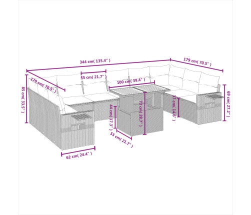 Set de sofás de jardín 11 pzas y cojines ratán sintético negro