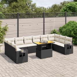 Set de sofás de jardín 11 pzas y cojines ratán sintético negro