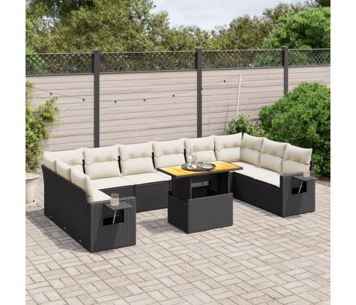 Set de sofás de jardín 11 pzas y cojines ratán sintético negro