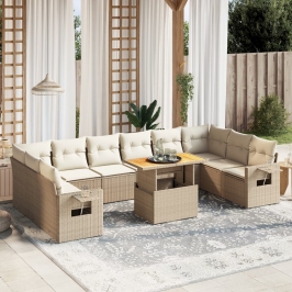 Set de sofás de jardín 11pzas con cojines ratán sintético beige