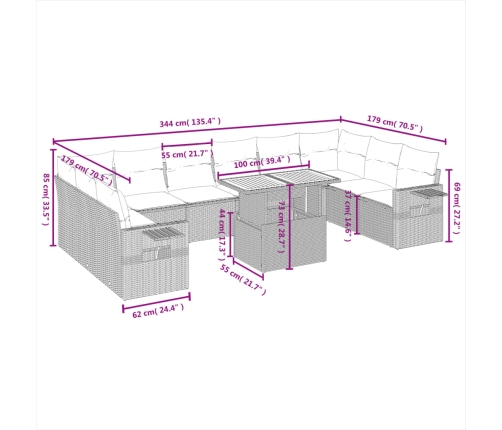 Set de sofás de jardín 11pzas con cojines ratán sintético beige