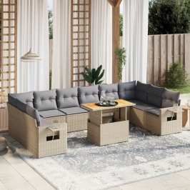 Set de sofás de jardín 11pzas con cojines ratán sintético beige