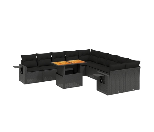 Set de sofás de jardín 11 pzas y cojines ratán sintético negro