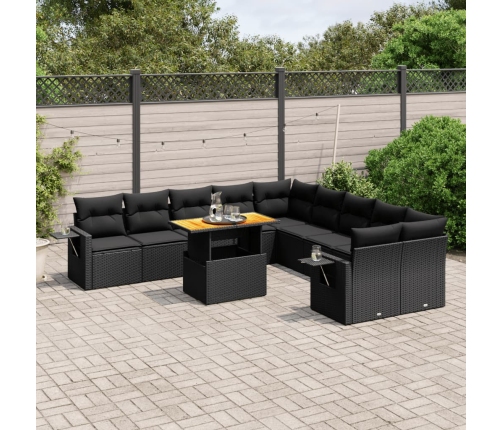 Set de sofás de jardín 11 pzas y cojines ratán sintético negro