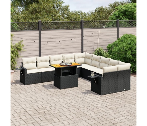 Set de sofás de jardín 11 pzas y cojines ratán sintético negro
