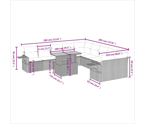 Set de sofás de jardín 11pzas con cojines ratán sintético beige