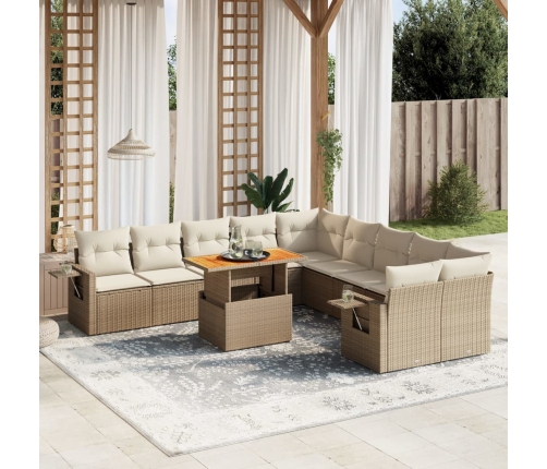 Set de sofás de jardín 11pzas con cojines ratán sintético beige