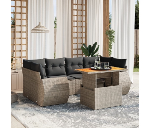 Set de sofás de jardín 7 piezas con cojines ratán PE gris