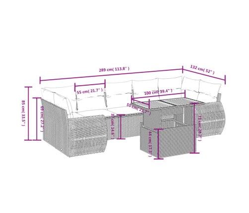 Set de sofás de jardín 8 pzas y cojines ratán sintético gris