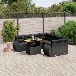 Set de sofás de jardín 8 piezas y cojines ratán sintético negro