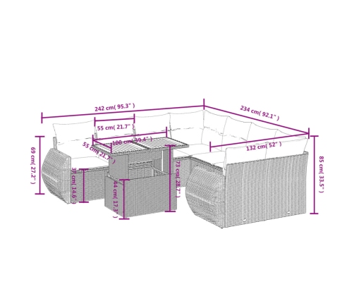 Set de muebles de jardín 9 pzas y cojines ratán sintético gris