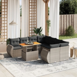 Set de muebles de jardín 9 pzas y cojines ratán sintético gris