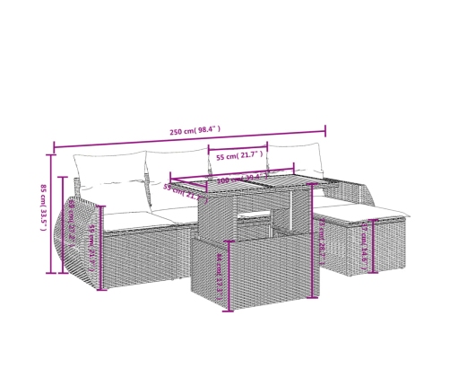 Set de muebles de jardín 6 pzas y cojines ratán sintético gris