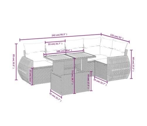 Set de muebles de jardín 6 pzas y cojines ratán sintético gris