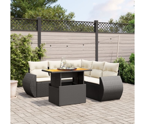 Set de sofás de jardín 6 piezas y cojines ratán sintético negro