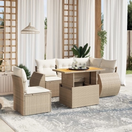 Juego de sofás jardín con cojines 6 pzas ratán sintético beige