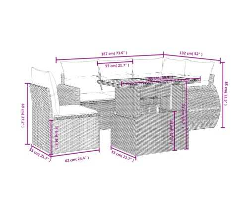 Set de muebles de jardín 6 pzas y cojines ratán sintético gris