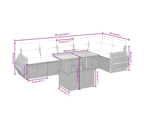 Set de comedor de jardín 7 pzas y cojines ratán sintético negro