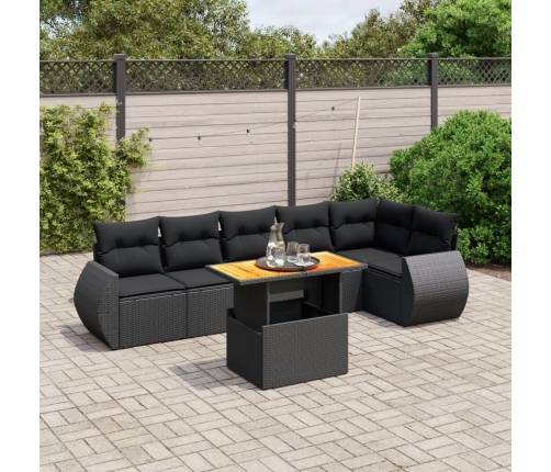 Set de comedor de jardín 7 pzas y cojines ratán sintético negro
