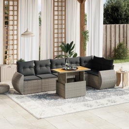 Set de sofás de jardín 7 piezas con cojines ratán PE gris
