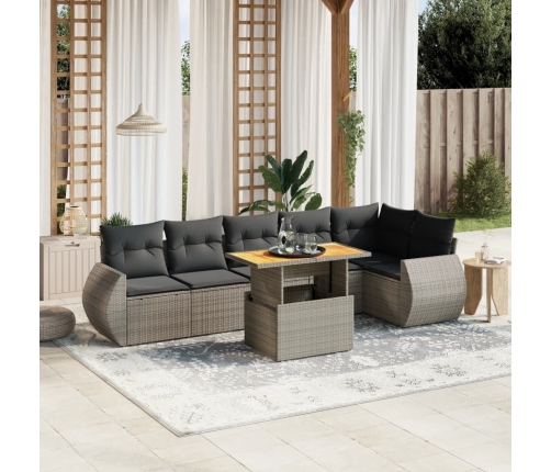 Set de sofás de jardín 7 piezas con cojines ratán PE gris
