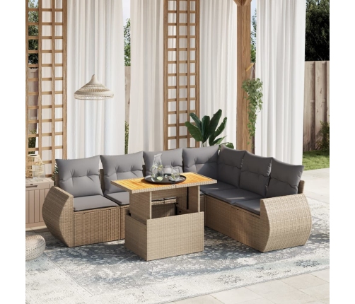 Set sofás de jardín 7 piezas y cojines ratán sintético beige