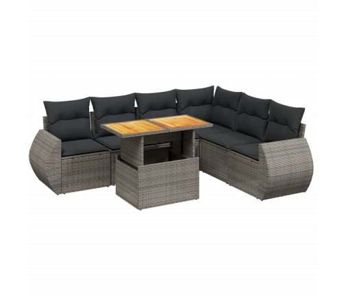 Set de sofás de jardín 7 piezas con cojines ratán PE gris