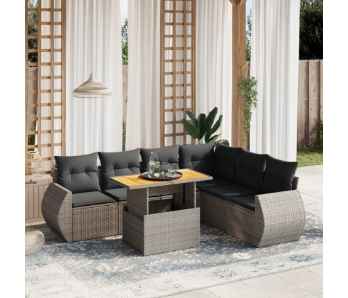 Set de sofás de jardín 7 piezas con cojines ratán PE gris