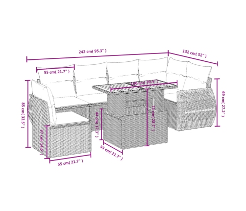 Set de comedor de jardín 7 pzas y cojines ratán sintético negro