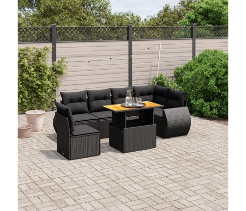 Set de comedor de jardín 7 pzas y cojines ratán sintético negro