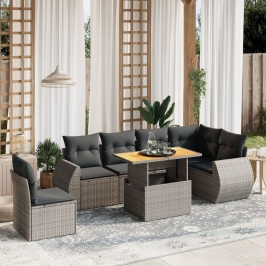 Set de sofás de jardín 7 piezas con cojines ratán PE gris