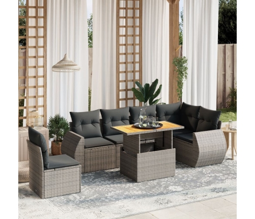 Set de sofás de jardín 7 piezas con cojines ratán PE gris