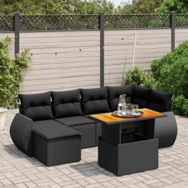 Set de sofás de jardín 7 pzas con cojines ratán sintético negro