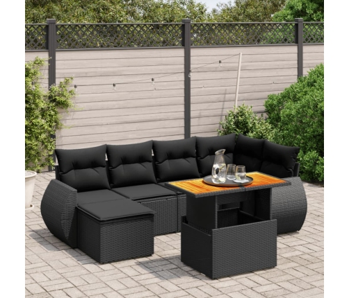 Set de sofás de jardín 7 pzas con cojines ratán sintético negro