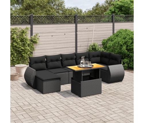 Set de sofás de jardín 8 piezas y cojines ratán sintético negro