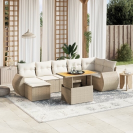 Juego de sofás de jardín con cojines beige 8 pzas ratán PE