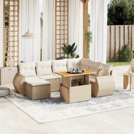 Juego de sofás de jardín con cojines beige 8 pzas ratán PE