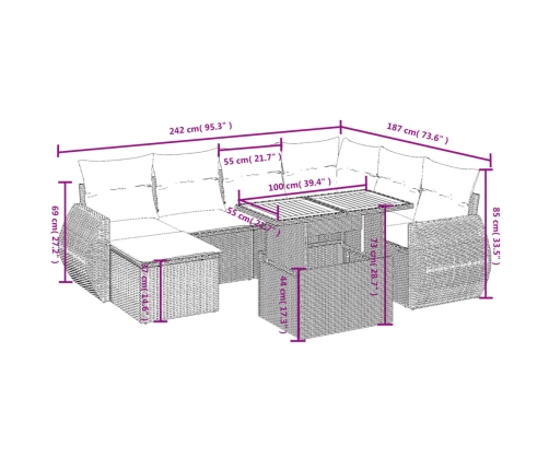 Set de sofás de jardín 8 pzas y cojines ratán sintético gris