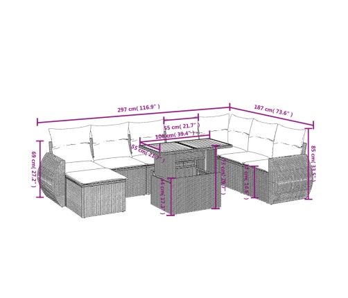 Set de sofás de jardín 8 piezas y cojines ratán sintético negro