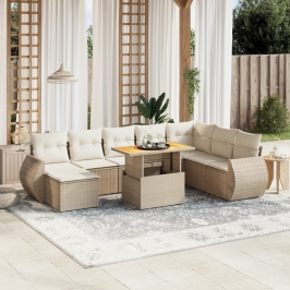 Set de sofás de jardín 9 pzas con cojines ratán sintético beige
