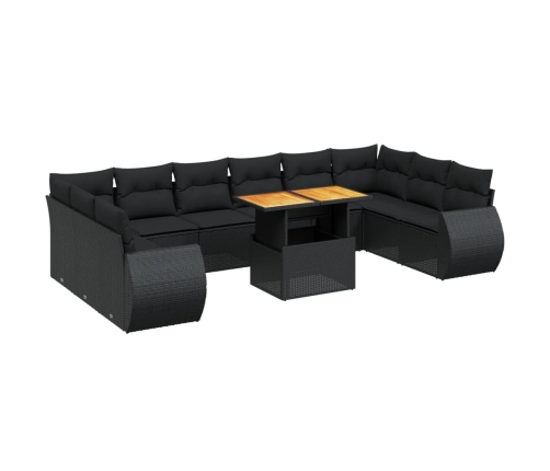 Set de sofás de jardín 11 pzas y cojines ratán sintético negro