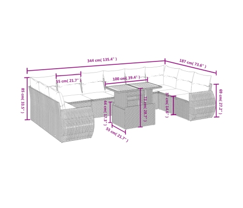 Set de sofás de jardín 11 pzas y cojines ratán sintético negro