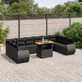 Set de sofás de jardín 11 pzas y cojines ratán sintético negro